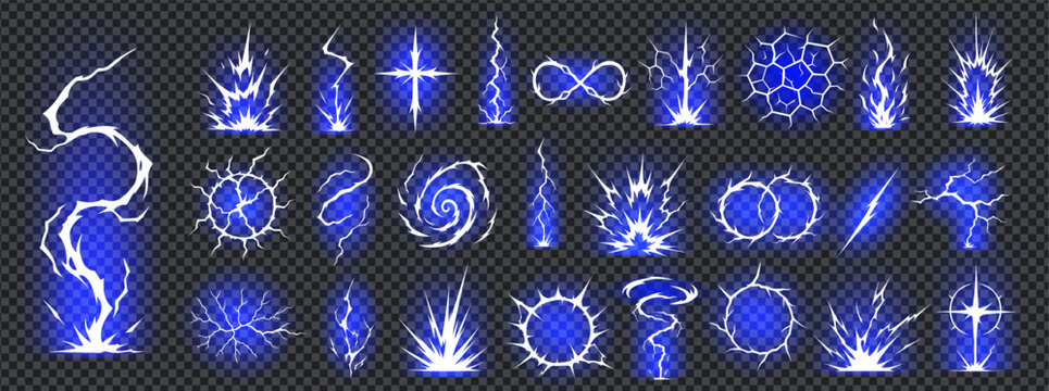 Anime cartoon background and thunder energy lightning with bolt effect light. Blue black shock and thunderbolt frame fx with abstract force burst. Magic thunder energy and circle anime 3d.