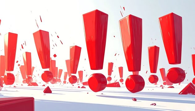 Red exclamation marks in 3D graphics.
