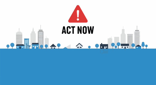Cityscape with urgent warning symbol and call to action