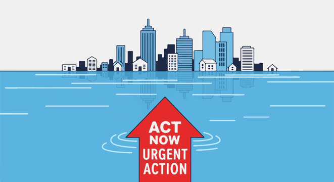 Stylized cityscape submerged in water with a red arrow urging action