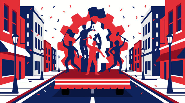 Vector concept art of a parade float shaped like a gear with people celebrating and confetti falling