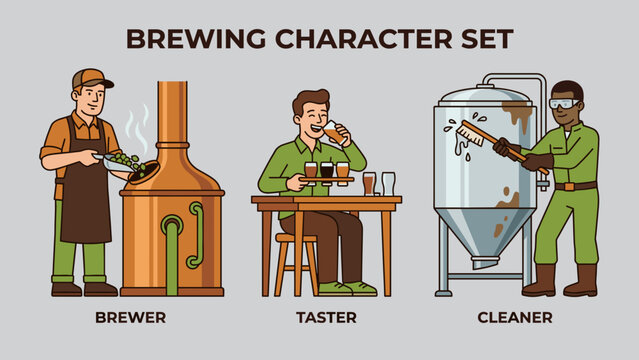 Vector Brewing Character Set Featuring a Brewer Adding Hops to a Kettle, a Beer Taster with a Flight, and a Worker Cleaning a Fermentation Tank in a Craft Brewery