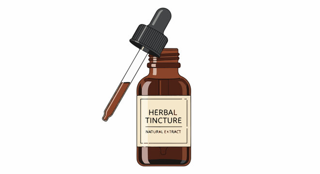 A brown glass bottle with a dropper, labeled "Herbal Tincture