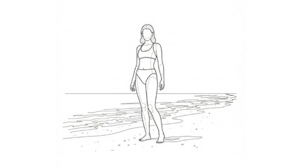 Woman stands on beach in 2D CAD illustration wearing bikini © Stock Image Paradise