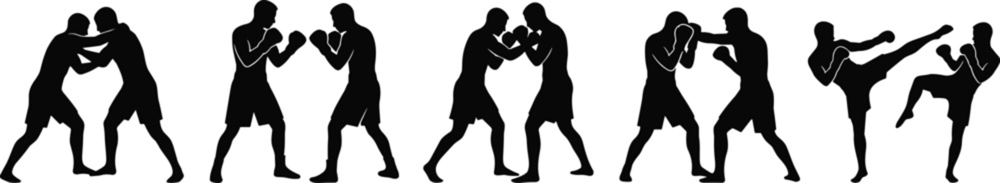 Martial Arts and Combat Sports Silhouette Set Featuring Boxing Wrestling Kickboxing and MMA Fighting Poses