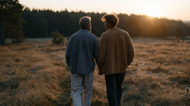Father and adult son walking side by side through a dew-covered summer meadow at dawn, not speaking, shoulders almost touching, grief and love and the complexity of fatherhood visible in their match