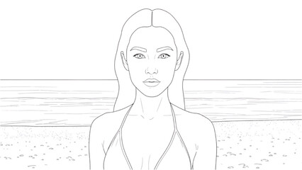 Woman stands on beach with 2D CAD designed ocean view © Stock Image Paradise