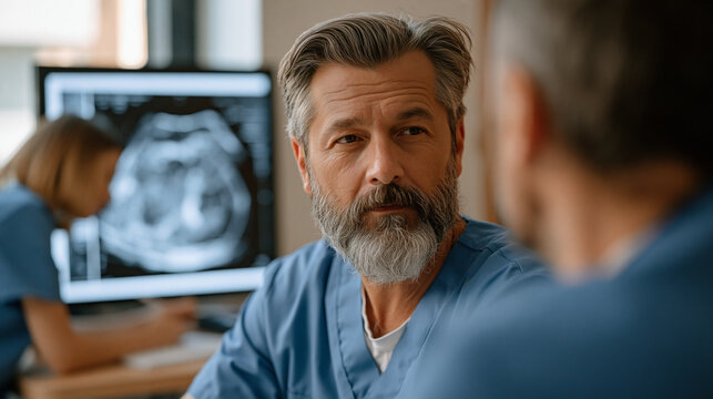 Board-certified internal medicine veterinarian reviewing ultrasound-guided liver biopsy results on wall lightbox in academic teaching hospital corridor, third-year student annotating histology compa