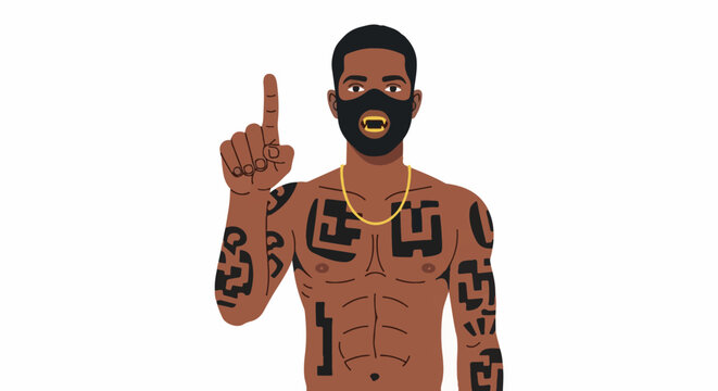 Tattooed man wearing mask with fangs and gold chain pointing finger