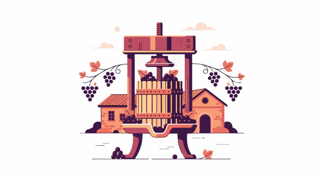 Traditional wine press, grapes, and vineyards buildings