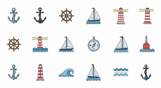 Nautical icons anchors, boats, lighthouses, compass, waves, buoys, and wheels