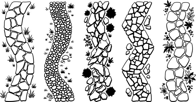 Collection of various stone pathway designs featuring unique textures and natural elements in a clean black and white vector illustration
