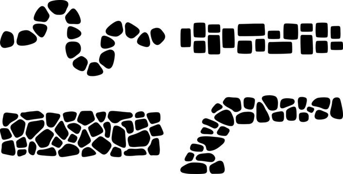 Collection of various stone path patterns featuring distinct rock shapes arranged in straight lines and curves for outdoor landscaping design projects