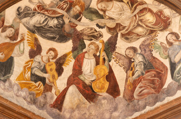 Fototapeta premium Busto Arsizio - The fresco of angels with the music instruments in the church Santuario di Santa Maria di Piazza by Giovan Battista della Cerva (1542).