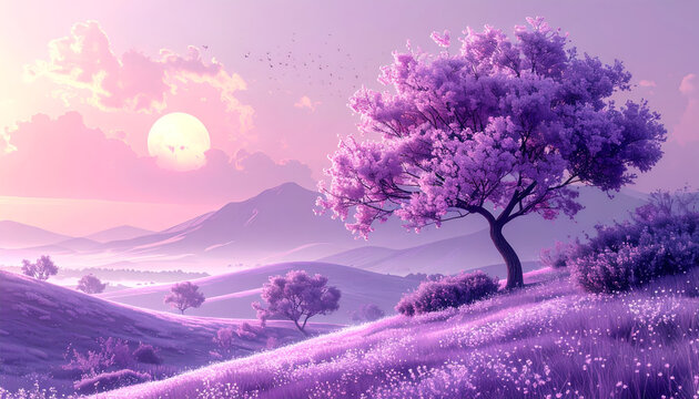 Scenic landscape with a blooming purple cherry blossom tree on a hillside at sunset in a pastel colored sky; tranquil and dreamy