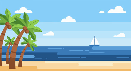 Obraz premium Tropical beach scene with palm trees, ocean, and sailboat
