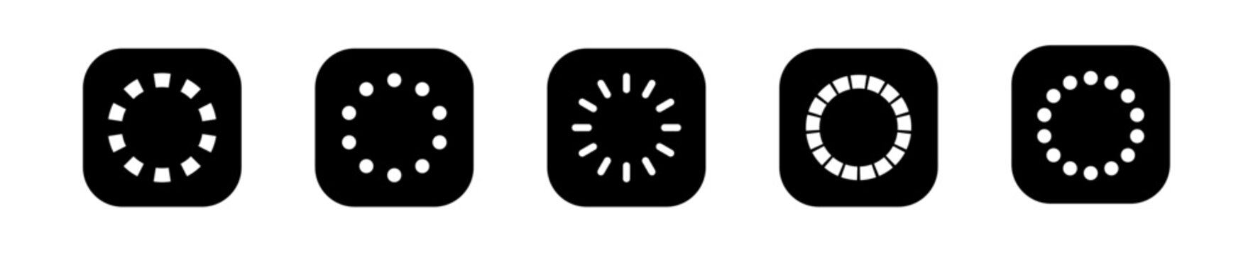 Loading icon set represents buffering, waiting, and processing states for user interface design, on a black background.