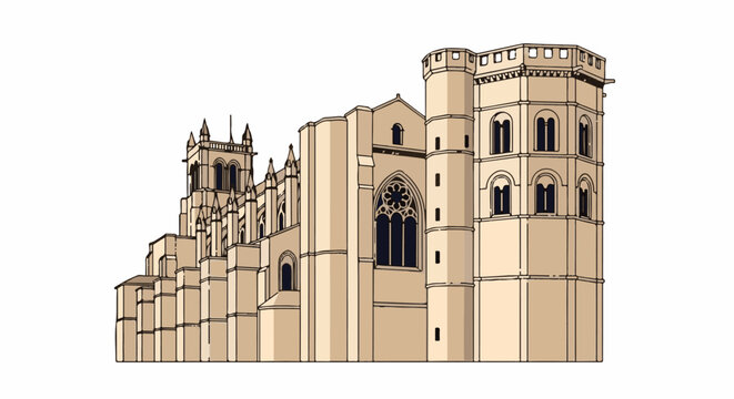 A detailed illustration of a large, light-brown stone cathedral with many spires and windows