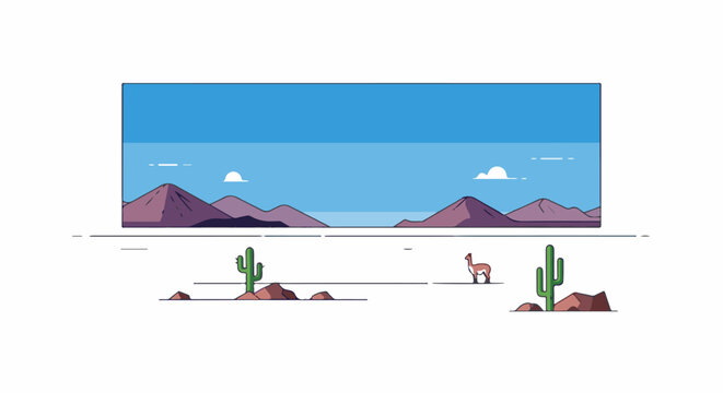 Minimalist desert scene with cacti, mountains, and a camelid under blue sky