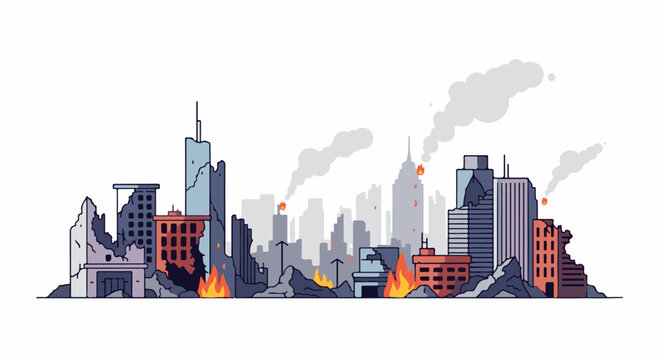 Ruined cityscape with smoke, fire, and destroyed buildings under a white sky