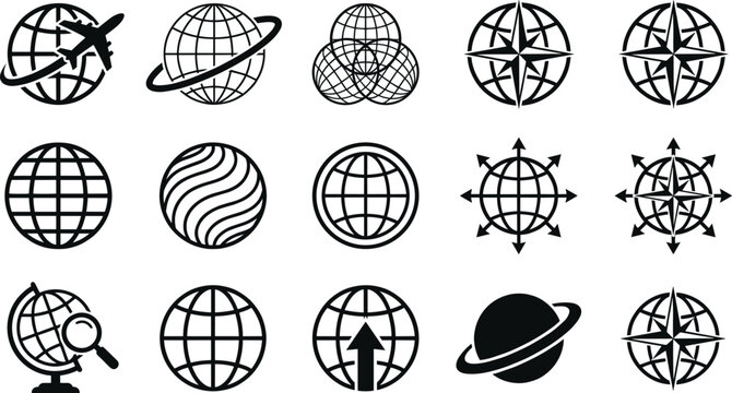 Global connectivity and travel line icons with globes, airplanes, navigation arrows, and exploration symbols in minimalist design