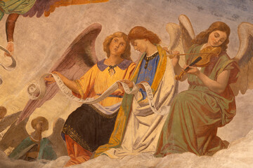 Fototapeta premium Busto Arsizio - The fresco of angels with the music instruments in the church Santuario di Santa Maria di Piazza by unknow artist from end of 19. cent.
