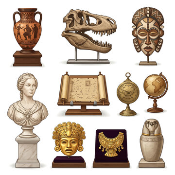 Collection of ancient artifacts, historical objects, and cultural relics displayed in a museum setting