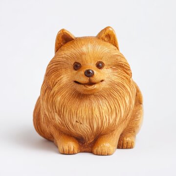 Close Up of a Carved Wooden Pomeranian Dog Figurine on a White Background