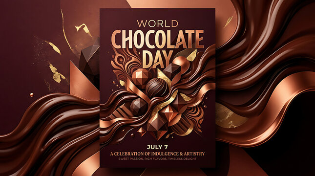 World chocolate day celebration with flowing dark chocolate swirls, food and dri