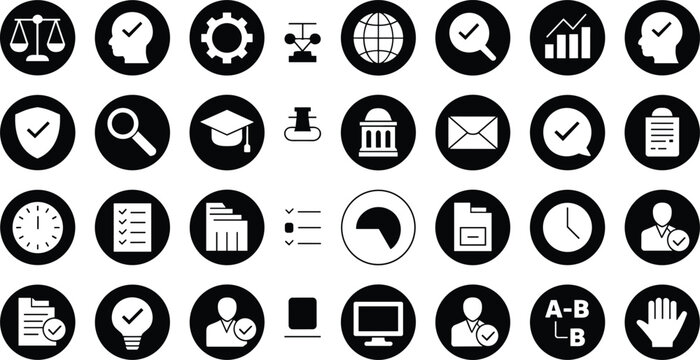 Business management and compliance vector icon set featuring corporate governance legal justice data analysis magnifying glass gear clock black circle glyph style symbols