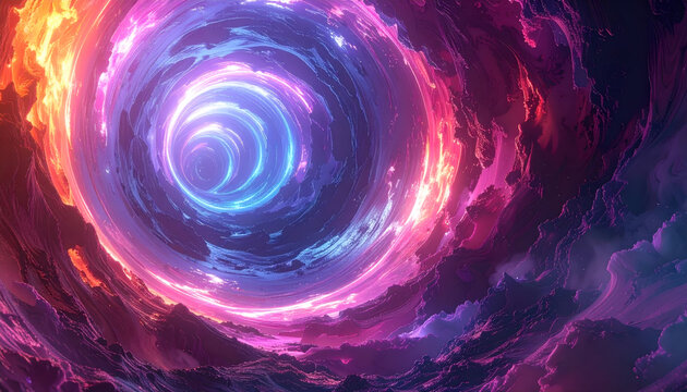 Stunning cosmic portal: swirling nebula tunnel with vibrant blue purple and orange energy vortex for science fiction adventures