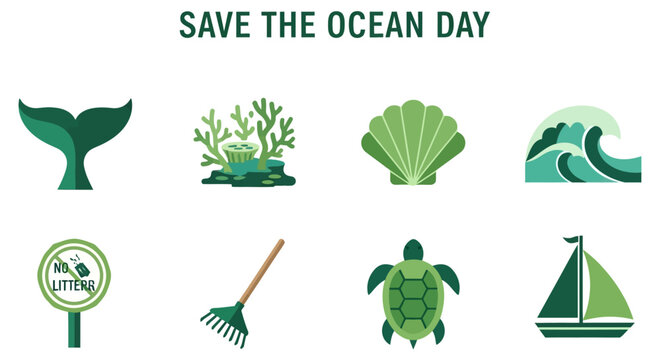 A graphic featuring SAVE THE OCEAN DAY text above eight green icons whale tail coral shell wave sign rake turtle and boat