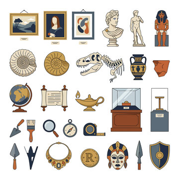 Collection of museum artifacts and historical objects, including fossils, sculptures, pottery, and ancient relics