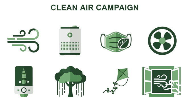 Eight green icons set against a white background featuring wind an air purifier a mask a fan a gauge trees a kite and a window