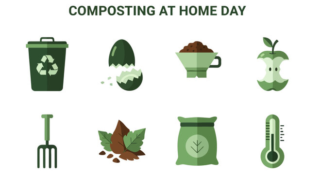 Eight greentoned flat icons illustrating composting supplies including a bin eggshells soil apple core and garden tools