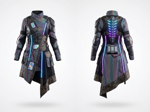 Futuristic Sci-Fi Cyberpunk Trench Coat with Neon Lights and Asymmetrical Hem.