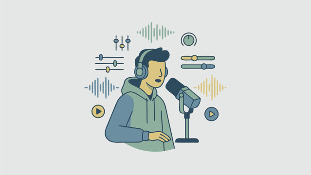 Professional podcast host recording audio content in studio with professional microphone and headphones featuring stylized sound waves and modern flat vector design for broadcasting media.