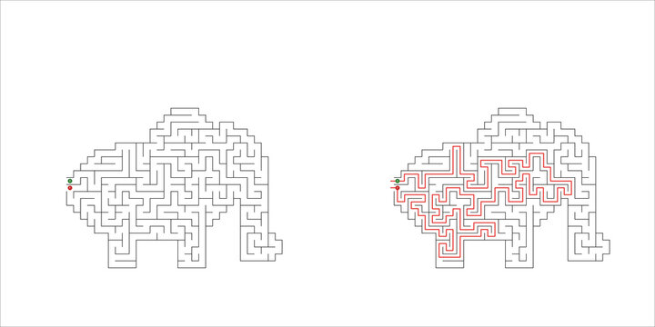 Maze puzzle in the shape of an elephant with solution path  