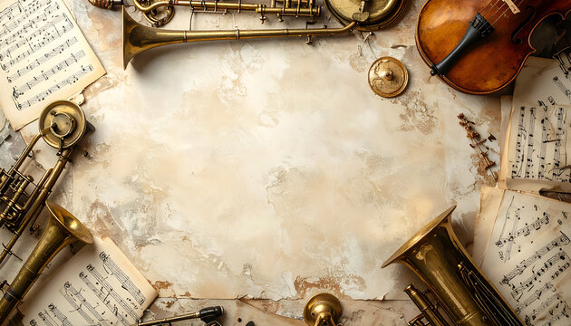 Vintage brass instruments and aged sheet music arranged on a textured parchment background creating a nostalgic musical scene