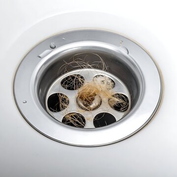 Clogged drain strainer with hair.