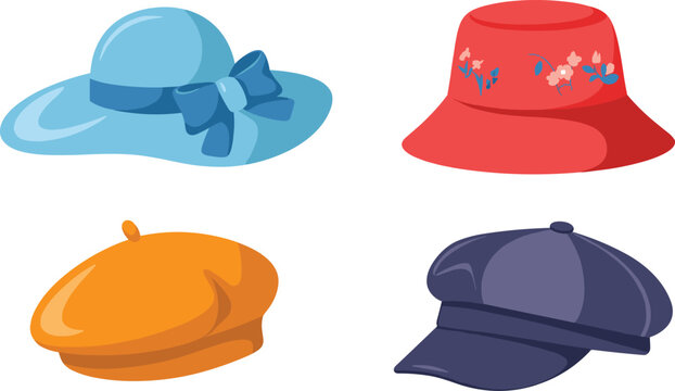 Women fashion hats vector illustration set featuring elegant blue sunhat red bucket hat yellow beret cap and dark blue newsboy visor headwear garments