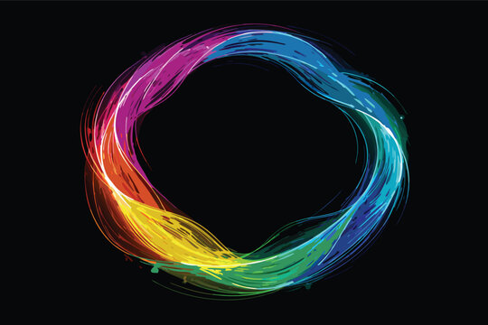 Abstract vector round shape of wavy lines flowing in a smooth curve with a colorful spectrum light on a black background, representing dynamic energy and vibrant artistic motion designs.