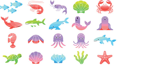 Sea life vector icon set featuring cute ocean animals fish crab whale dolphin jellyfish octopus turtle starfish sea shell colorful gradient illustrations © MdMahfizur