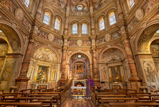 CREMA, ITALY - MARCH 20, 2026: The nave and cupola of the church Santuario di Santa Maria della Croce with the frescoes by Giacomo Parravicino (1702)
