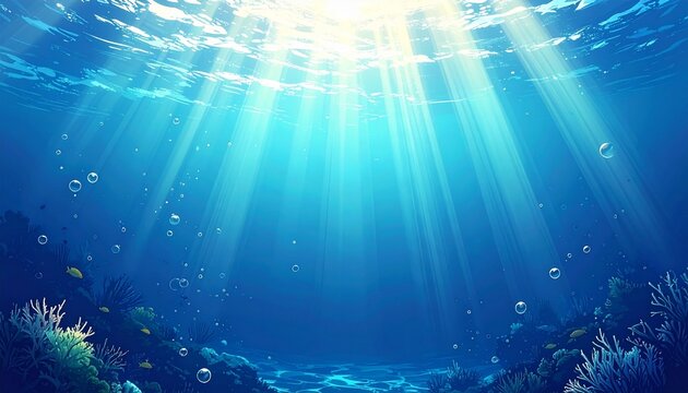 Vibrant underwater scene celebrating World Oceans Day with sunbeams shining through ocean water and coral reef ecosystem