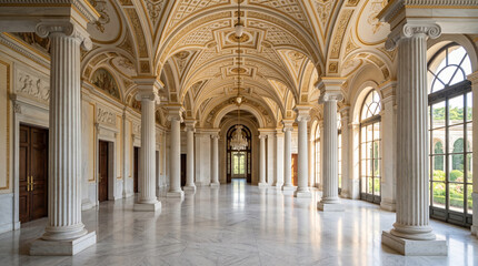 Fototapeta premium Grand Neoclassical Hallway Symmetry With Carrara Marble Floors And Elegant Classical Interior Architecture Design Photography