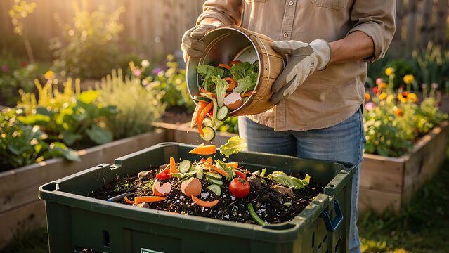 Woman composting food waste. Outdoor compost bin for reducing kitchen waste. Organic waste in garden composter, eco-friendly gardening, sustainability. Environmentally responsible, ecology