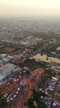 Vertical Aerial View of Rockfort Temple and Tiruchirappalli City Tamil Nadu India