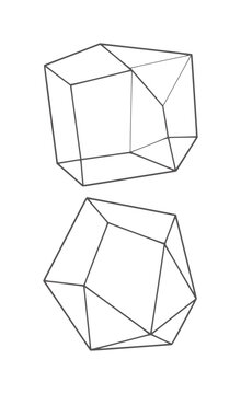 Two wireframe geometric polyhedra shapes white abstract polyhedron