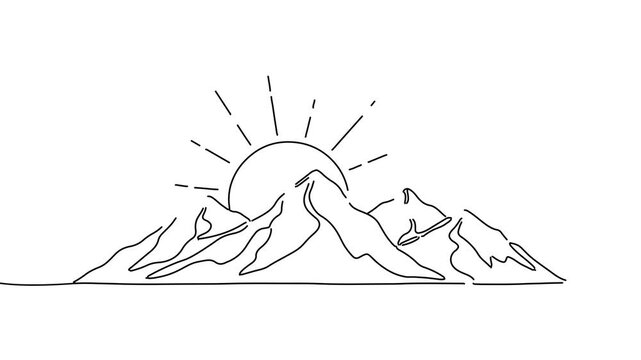 Animation of line drawing of mountains and sunrise, symbolizing adventure and new beginnings.